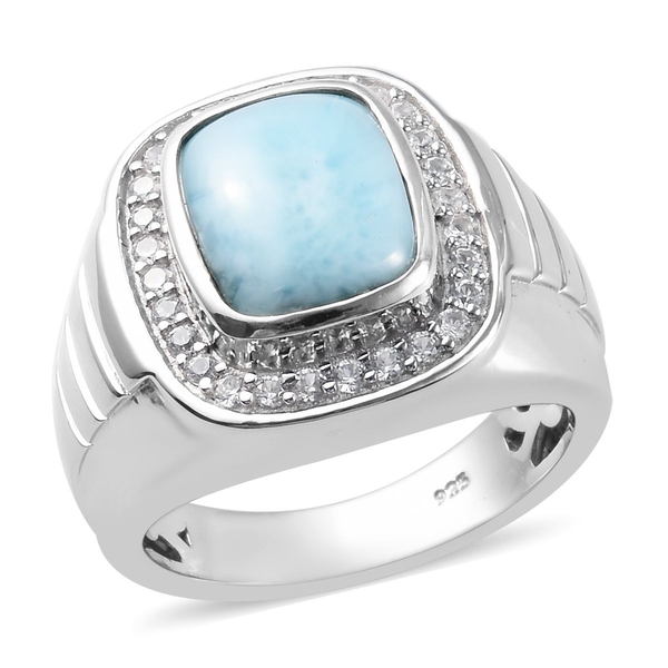 5.53 Ct Larimar and Zircon Halo Ring in Platinum Plated Sterling Silver