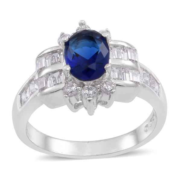 ELANZA AAA Simulated Blue Sapphire (Ovl), Simulated White Diamond Ring in Rhodium Plated Sterling Si