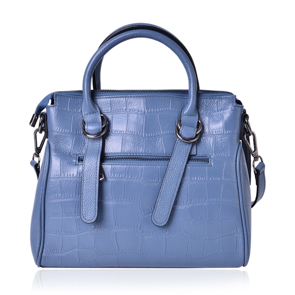 Genuine Premium Leather Croc Embossed Blue Colour Tote Bag with Adjustable and Removable Shoulder Strap (Size 28.5X24.5X9.5 Cm)