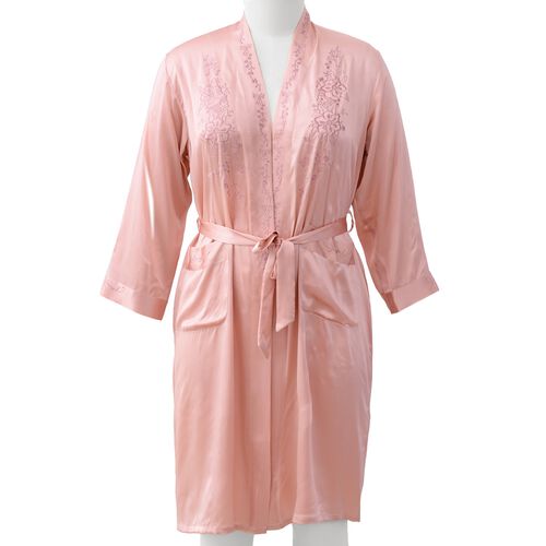 100% Mulberry Silk Robe with Embroidery in Peach Pink Colour Size XL ...