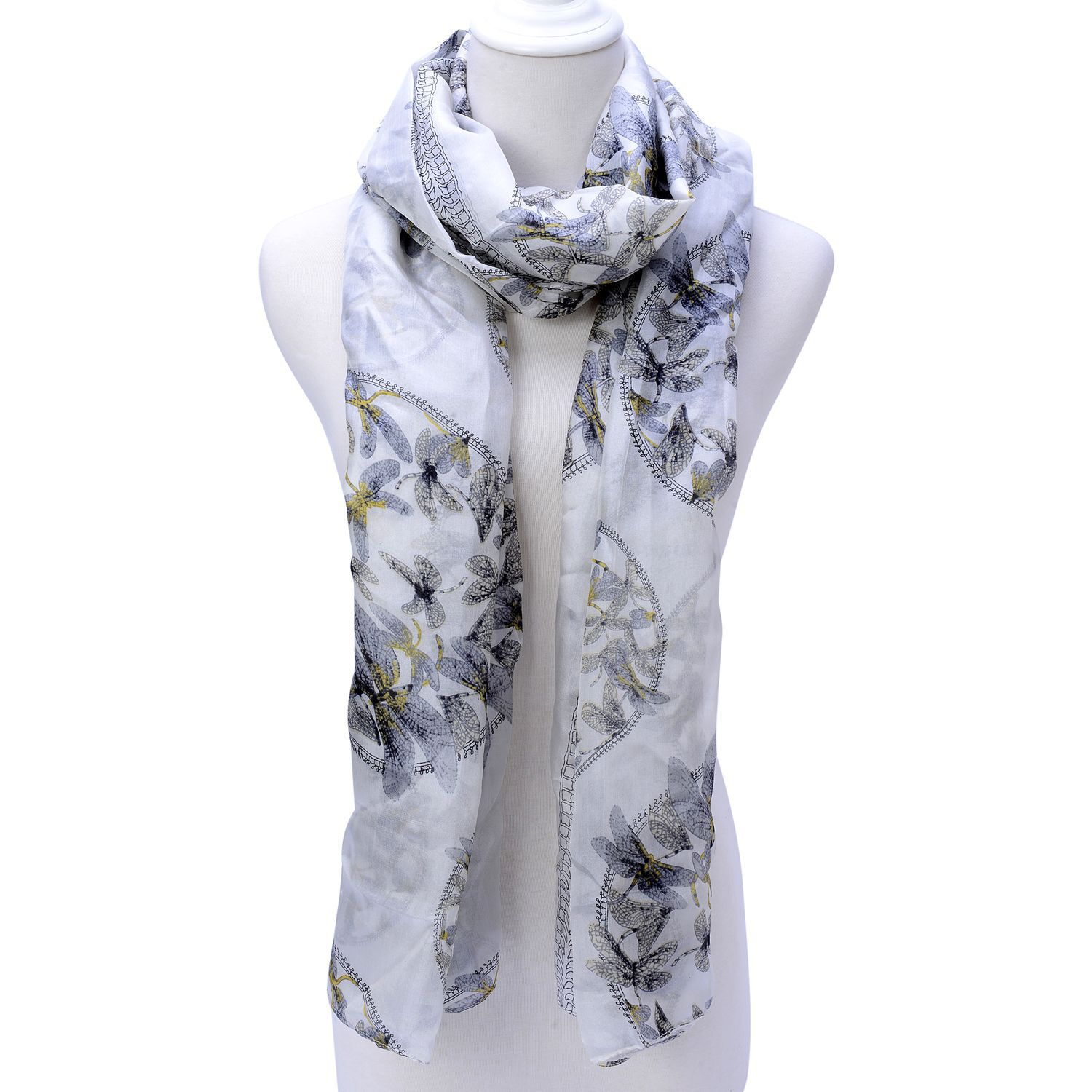 100% Silk Dragonfly Pattern White Colour Scarf (Size 190x110 Cm)