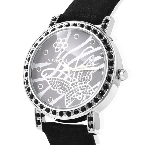 STRADA Japanese Movement Simulated Black Spinel Studded Butterfly Motif Dial Water Resistant Watch in Stainless Steel with Black Colour Strap