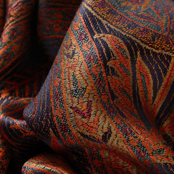 SILK MARK - 100% Superfine Silk Orange and Multi Colour Paisley and Leaves Pattern Chocolate Colour Jacquard Jamawar Shawl with Fringes (Size 180x70 Cm) (Weight 125-140 Grams)