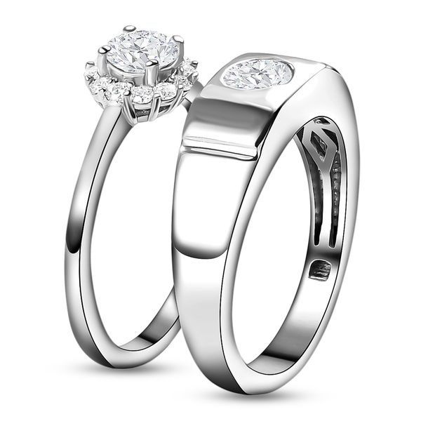 Set of 2 - Moissanite Ring Platinum Overlay in Sterling Silver 1.08 Ct, Silver Wt. 5.65 Gms