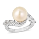 10-11mm White South Sea Pearl and Zircon Ring in Rhodium Plated Silver 4.51 Grams