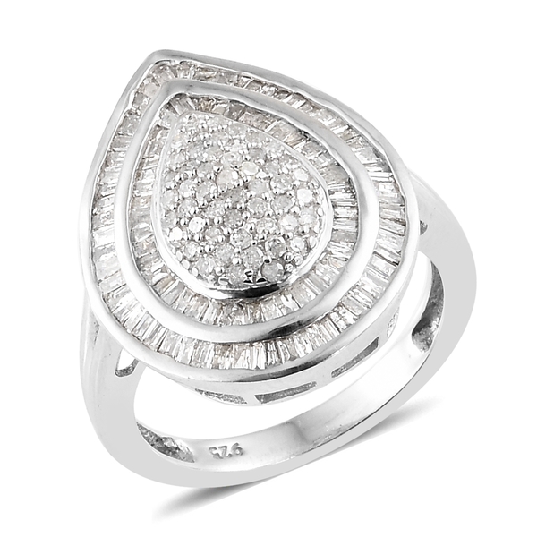 1 Carat Diamond Cluster Ring in Platinum Plated Sterling Silver 4.23 Grams