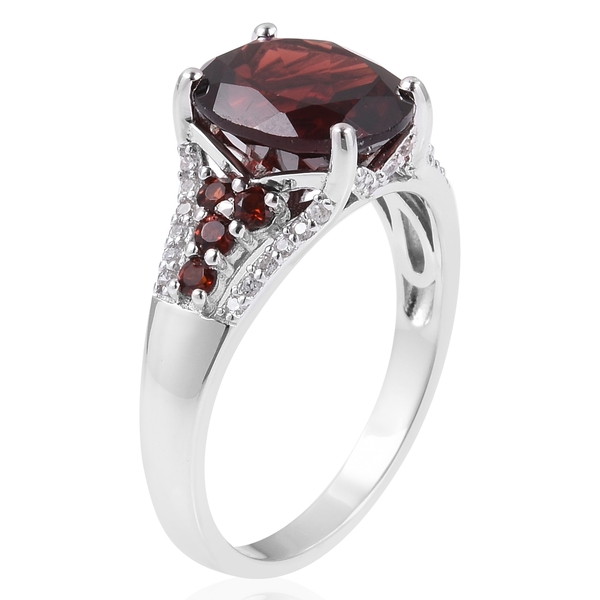 Extremely Rare Size - Mozambique Garnet (Ovl 11X9 mm 4.50 Ct), Natural Cambodian Zircon Ring in Rhodium Overlay Sterling Silver 5.250 Ct.