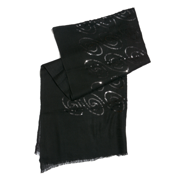 Limited Edition 100% Spanish Merino Wool Black Colour Scarf with Sequin (Size 180x70 Cm)