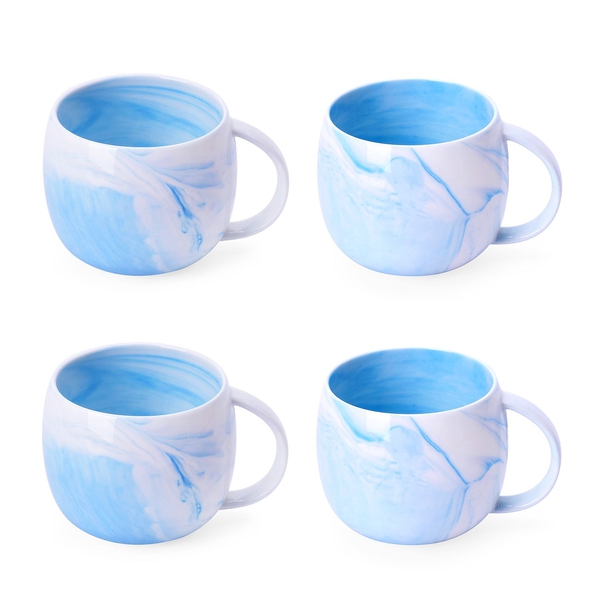 Set of 4 - Light Blue and White Colour Marble Pattern Ceramic Mug (Size 10X9 Cm)