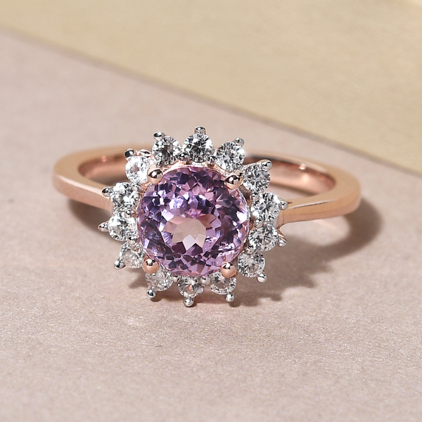 Kunzite and Natural Cambodian Zircon Halo Ring in Vermeil Rose Gold Overlay Sterling Silver 2.52 Ct.