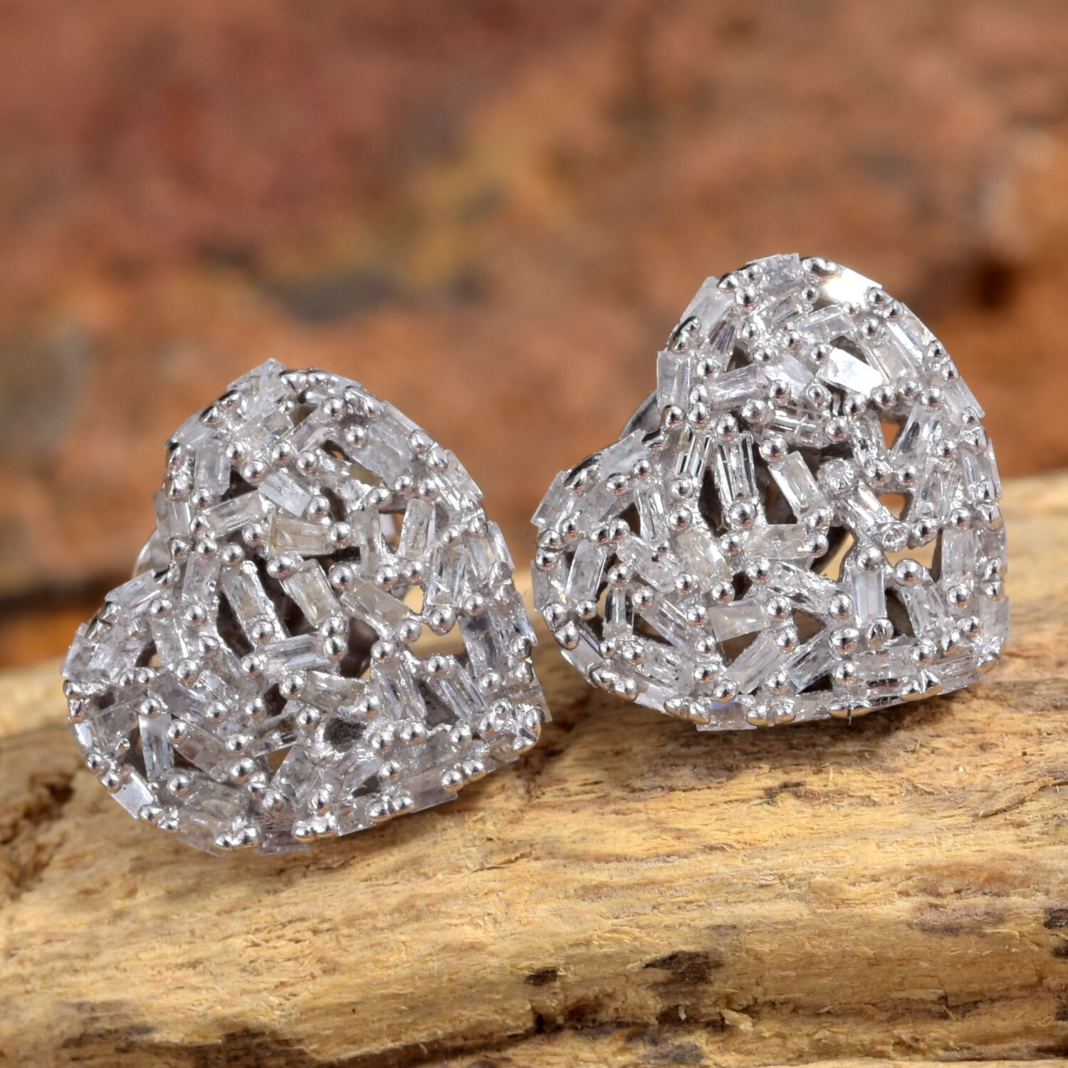 GP - Natural Diamond & Blue Sapphire Heart Stud Earrings with Push Back in Platinum Overlay Sterling Silver 0.54 Ct.