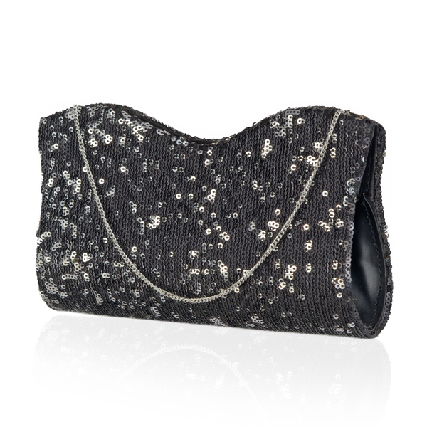 Black Colour Satin Clutch Bag with Silver and Black Sequins and Chain Strap (Size 21x10 Cm)