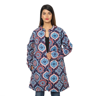 Handmade Printed Reversible Quilted Jacket in Navy Blue and Multi Colour - 