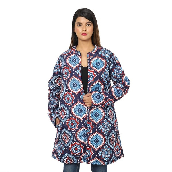 Handmade Printed Reversible Quilted Jacket in Navy Blue and Multi Colour - 