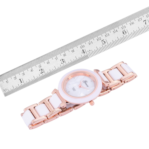 Diamond studded GENOA White Ceramic Japanese Movement MOP Dial Water Resistant Watch in Rose Gold Tone with Stainless Steel Back and Chain Strap