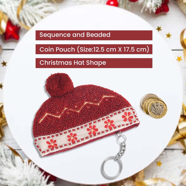 Woollen Hat Beaded Coin Pouch with Keychain (Size 12x17 Cm) - Burgundy & White