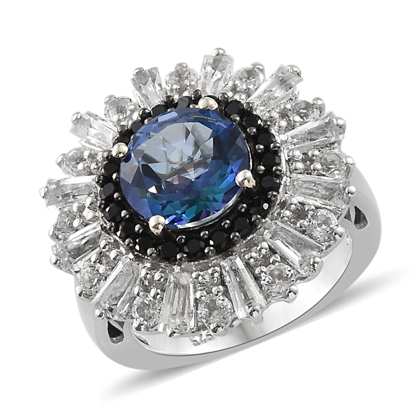 6.25 Ct Neptune Topaz and Multi Gemstone Floral Ring in Platinum Plated Silver 6.36 Grams