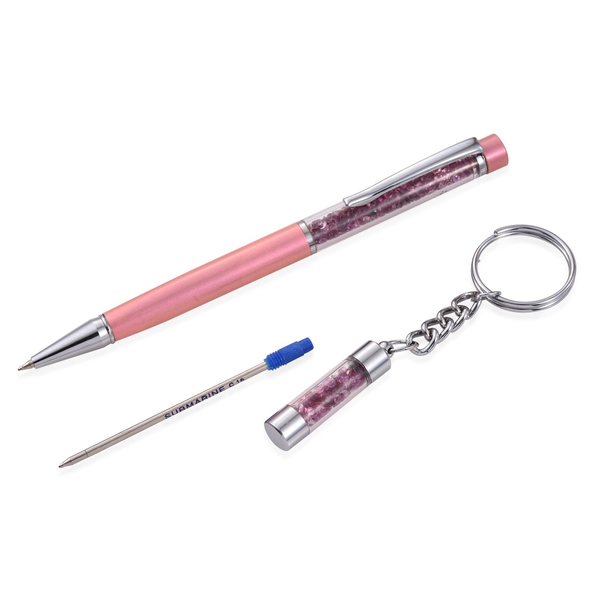 Pink Tourmaline Filled Ball Point Pen and a Key Chain Set with Extra Refill (Pink Tourmaline 12.0 Ct