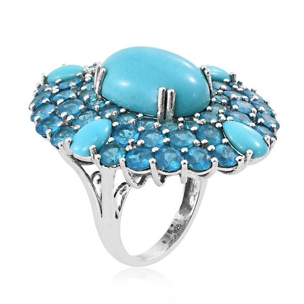Limited Edition-  AAA Arizona Sleeping Beauty Turquoise (Ovl and Pear), AAA Malgache Neon Apatite Ring in Platinum Overlay Sterling Silver 22.000 Ct.