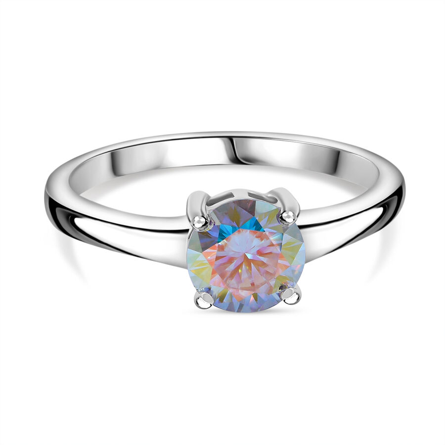 Dichroic Mist Moissanite Solitaire Ring in Rhodium Overlay Sterling Silver 1.00 Ct.