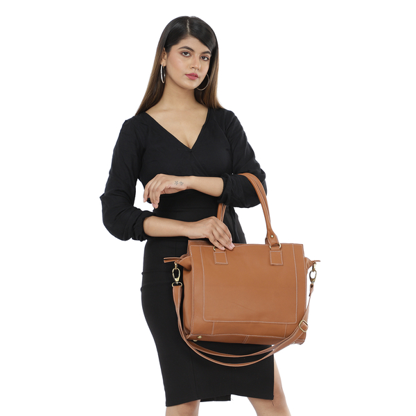 100% Genuine Leather Shoulder Bag with Detachable and Adjustable Strap (Size 33x22x8.5 Cm) - Camel