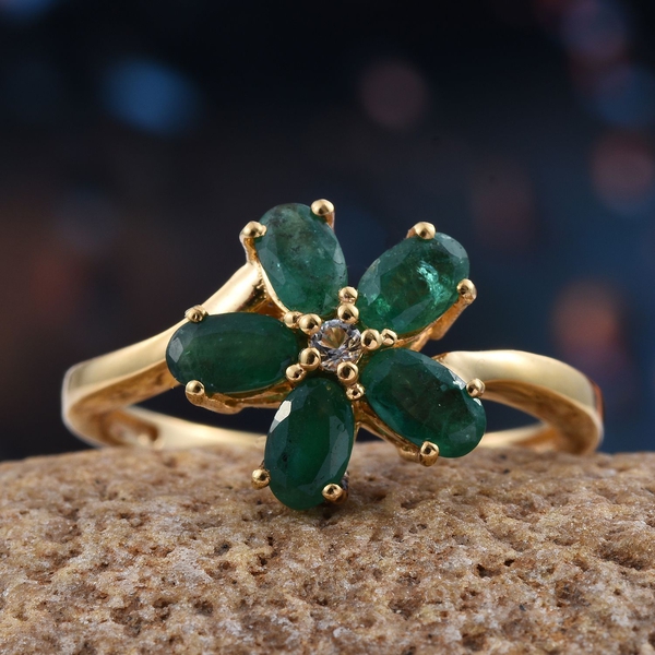 Brazilian Emerald (Ovl), White Topaz Floral Ring in 14K Gold Overlay Sterling Silver 1.250 Ct.