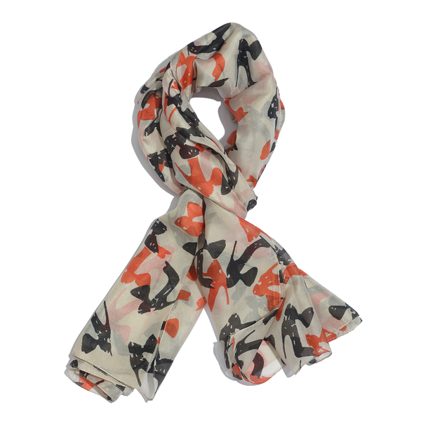 100% Mulberry Silk Orange and Black Colour Abstract Pattern Beige Colour Scarf (Size 175x100 Cm)Scar