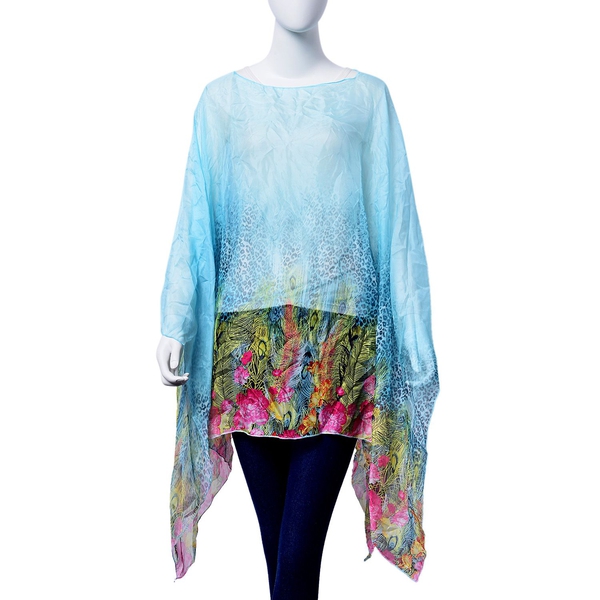 Black and Multi Colour Leopard, Floral and Feather Pattern Blue Colour Poncho (Size 135x70 Cm)