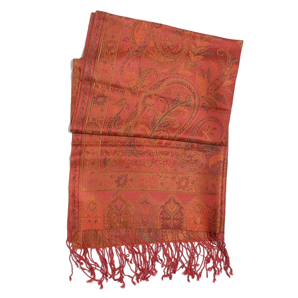 100% Superfine Silk Red and Multi Colour Paisley Pattern Orange Colour Jacquard Jamawar Scarf with Fringes (Size 180x70 Cm) (Weight 125 - 140 Grams)