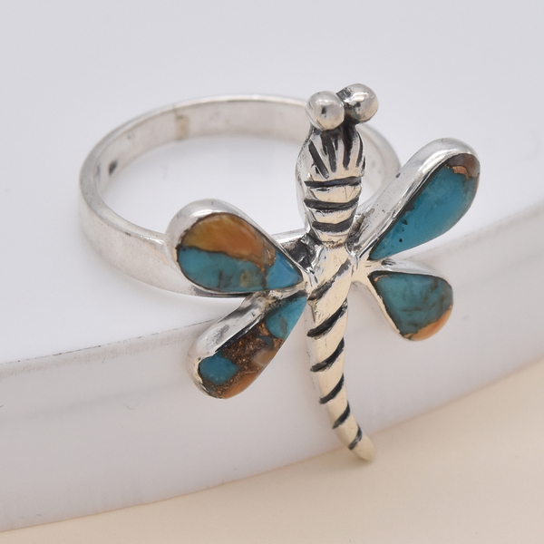 Santa Fe Collection - Spiny Turquoise Dragonfly Ring in Rhodium Overlay Sterling Silver
