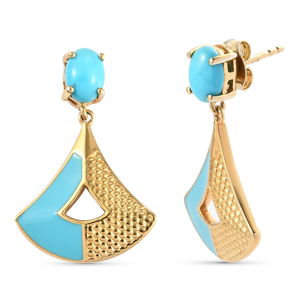 Arizona Sleeping Beauty Turquoise Enamelled Dangling Earrings (with Push Back) in Yellow Gold Overlay Sterling Silver 1.42 Ct.