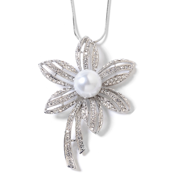 Simulated Pearl (Rnd), White Austrian Crystal Flower Pendant with Chain (Size 29 and 2.5 inch Extend
