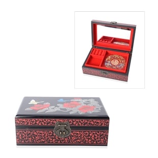 2 - Layer Chinese Lacquer Camellia Pattern Jewellery Box with Inside Mirror and Removable Tray (Size