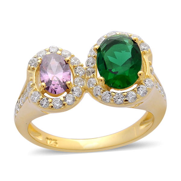 AAA Simulated Amethyst, Simulated Emerald and Simulated White Diamond Ring in Yellow Gold Overlay St