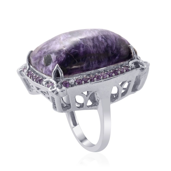 Charoite (Cush 25.50 Ct), Zambian Amethyst Ring in Platinum Overlay Sterling Silver 26.500 Ct.