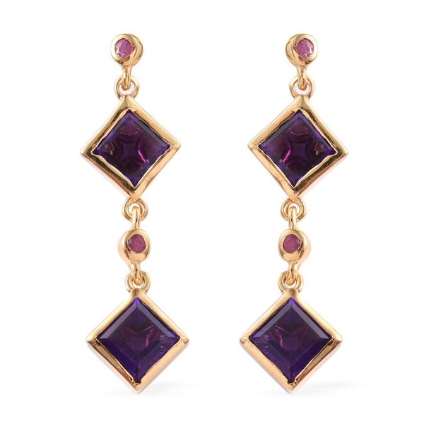 Amethyst (Sqr), African Ruby Earrings (with Push Back) in 14K Gold Overlay Sterling Silver 4.250 Ct.