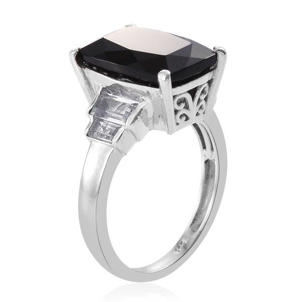 Boi Ploi Black Spinel (Cush 8.75 Ct), White Topaz Ring in Platinum Overlay Sterling Silver 10.000 Ct.