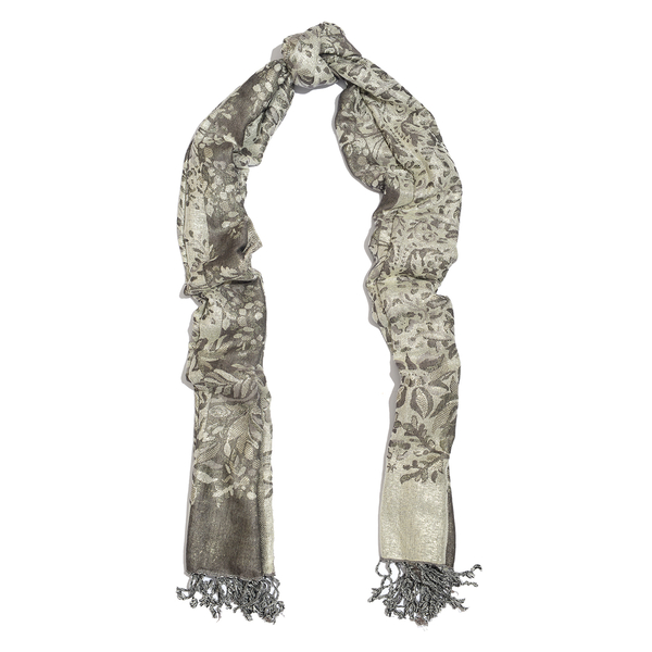 Silver and Grey Floral Viscos Lurex Scarf (Size 180x100 Cm)