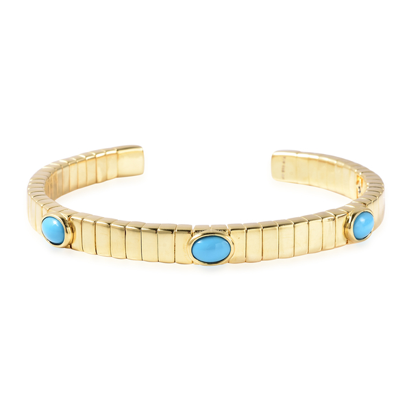 GP Tubogas Collection- Arizona Sleeping Beauty Turquoise and Blue Sapphire Bangle (Size 7.5) in Yellow Gold Overlay Sterling Silver 2.13 Ct, Silver wt. 33.25 Gms