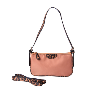 Hobo Handbag Leopard Pattern Border and Handle with Shoulder Strap - Khaki