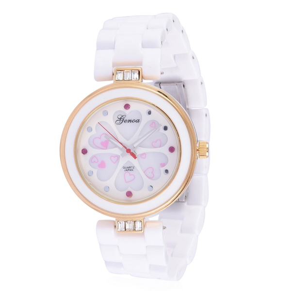 Ruby studded GENOA White Ceramic Japenese Movement White MOP Floral Dial Water Resistant Watch in Go