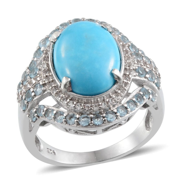 Arizona Sleeping Beauty Turquoise (Ovl 4.25 Ct), Electric Swiss Blue Topaz and WhiteTopaz Ring in Pl
