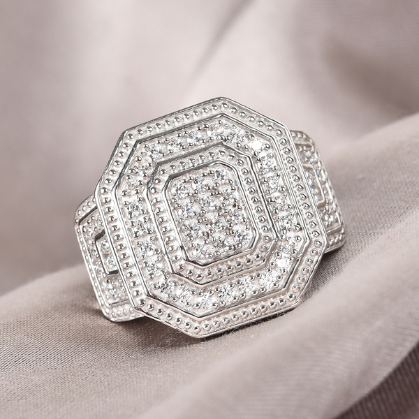 Lustro Stella Platinum Overlay Sterling Silver Cluster Ring Made with Finest CZ 1.46 Ct, Silver wt 9.24 Gms