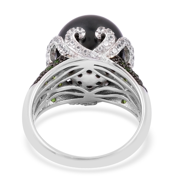 Collectors Edition- Tahitian Pearl (Rnd 11-12mm), Chrome Diopside and Natural White Cambodian Zircon Ring in Rhodium and Black Plating Sterling Silver (Gemstone Ct Wt 1.50 Carats)