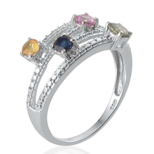 Green Sapphire (Rnd), Kanchanaburi Blue Sapphire, Yellow Sapphire and Pink Sapphire Ring in Platinum Overlay Sterling Silver 0.900 Ct.