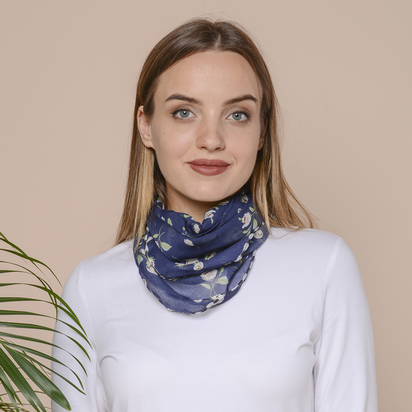 2 in 1 Flower Pattern Chiffon Soft Feel Scarf and Protective Face Covering (Size 45x45 Cm) - Navy & White