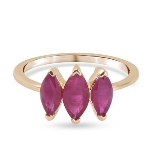 (Size K) 9K Yellow Gold Ruby 3 Stone Ring 1.280 Ct.