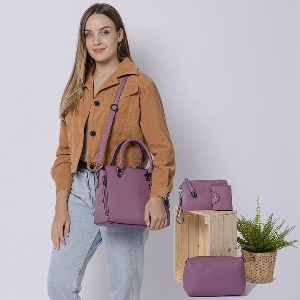 4 Piece Set - Purple Tote Bag, Crossbody Bag, Clutch Bag and Card Bag with Tassel Hanging