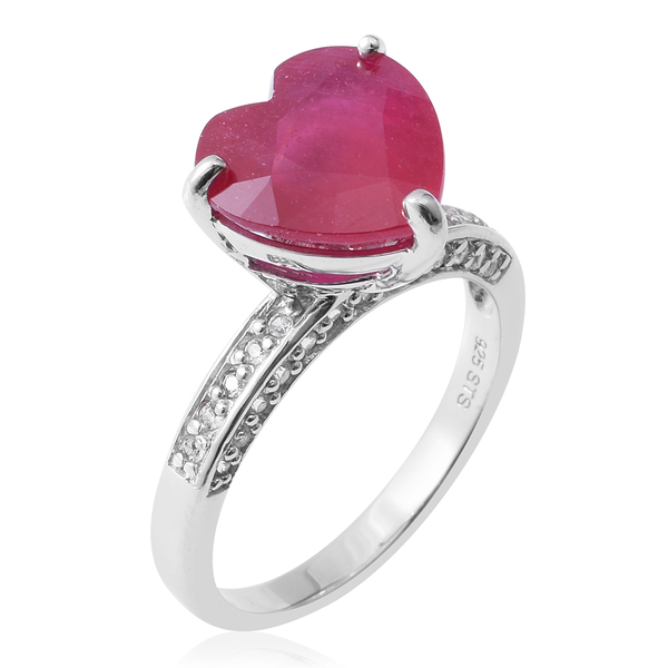 African Ruby (Hrt 8.15 Ct), Natural White Cambodian Zircon Ring in Rhodium Overlay Sterling Silver 8.650 Ct.