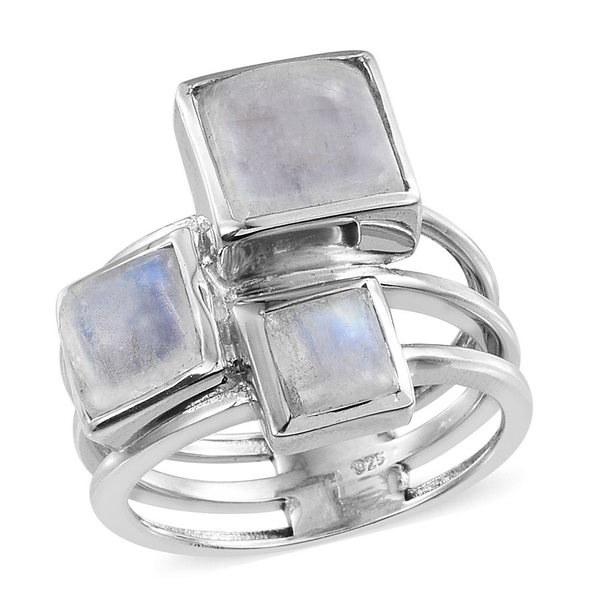 Natural Rainbow Moonstone (Sqr 4.50 Ct) 3 Stone Ring in Platinum Overlay Sterling Silver 7.750 Ct.